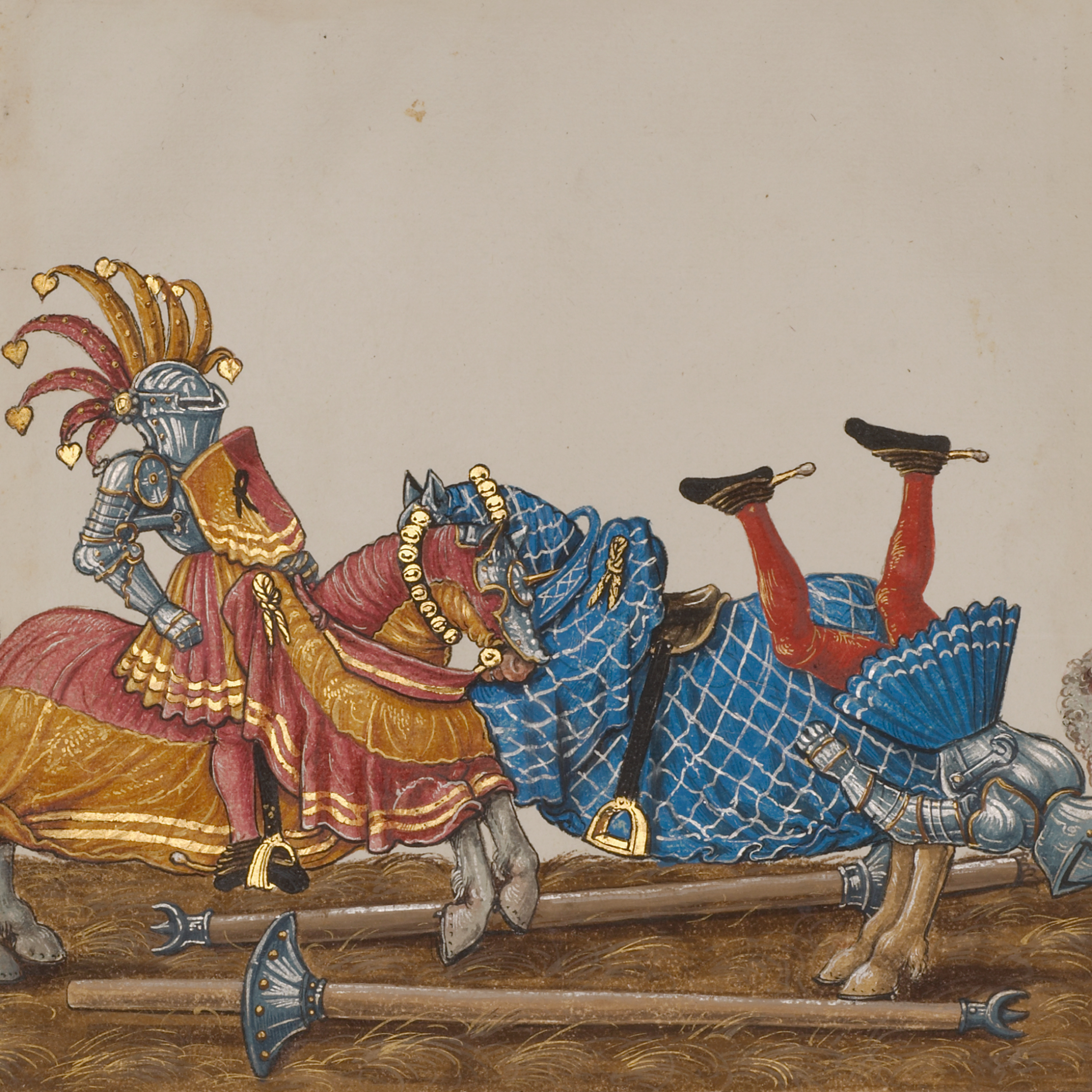 Painting of two figures in metal armor, figure on left rides a horse draped in orange and red fabric, figure on right is facing down, falling off of a horse draped in blue fabric.