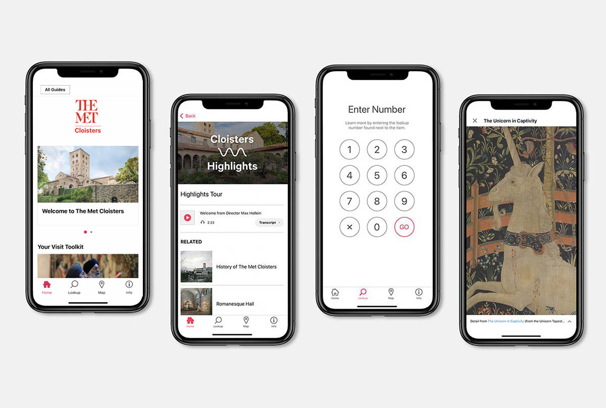 A set of four iPhones with screens showing different aspects of The Met Cloisters digital guide on the Bloomberg Connects app.