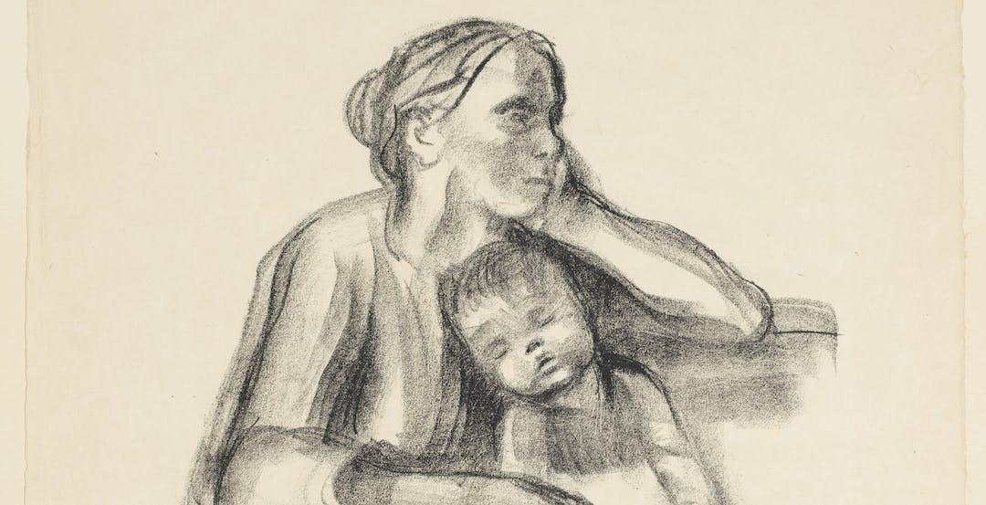 lithograph of a weary mother and sleeping boy by Kathe Kollowitz