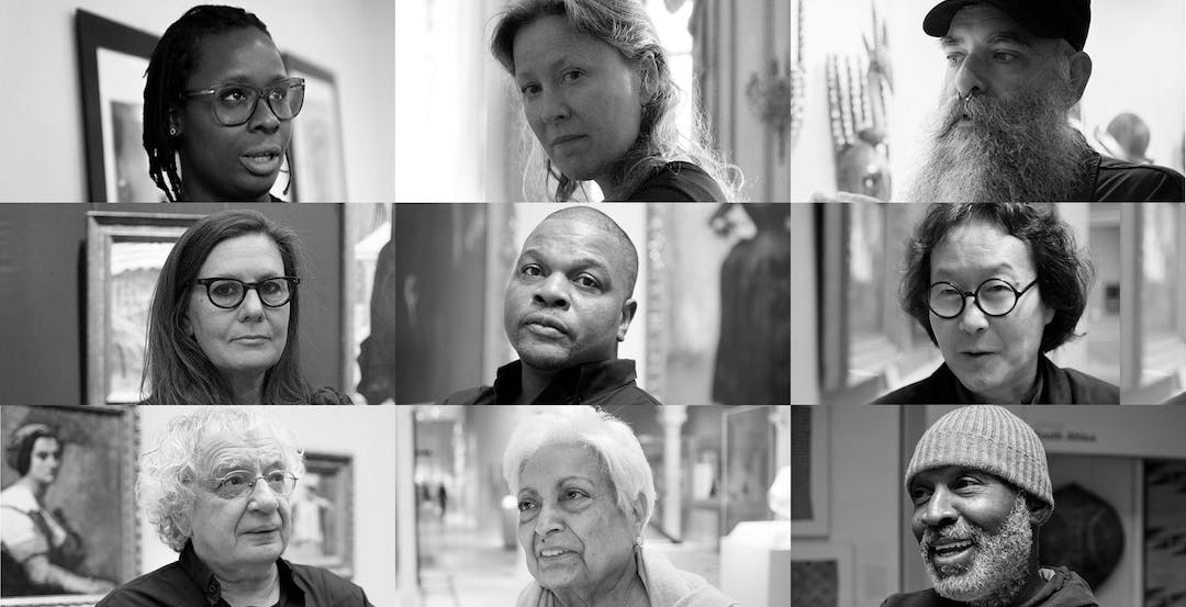 Grid of nine black and white photographic portraits of artists